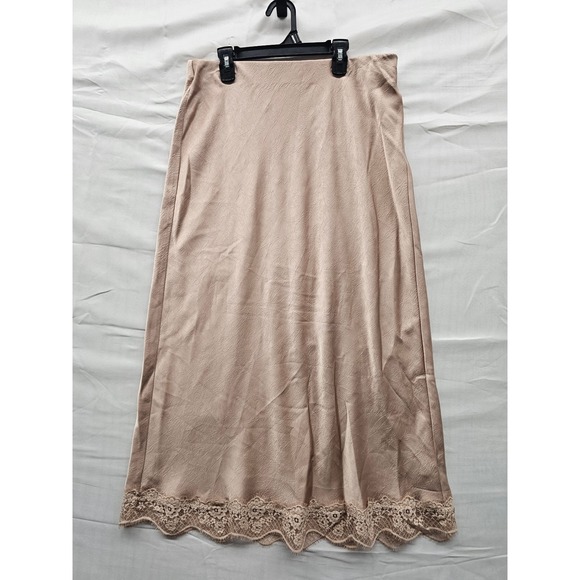 a new day Dresses & Skirts - A New Day Pink‎ Satin Lace Trim Midi Skirt Size M 018053354